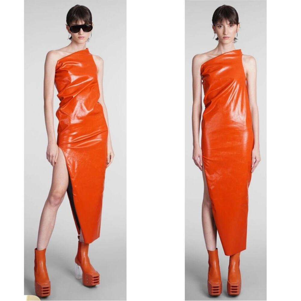 RICK OWENS Athena One Shoulder Coated Denim Bodycon Orange Midi Dress Size 6 - Picture 3 of 16